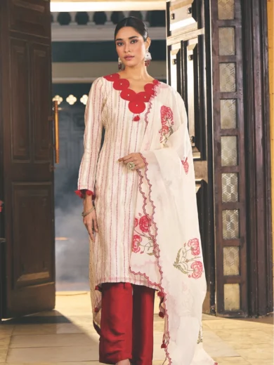 Offwhite Pure Zari Polka Chanderi & Liva, A Line Asymetrical Salwar Suit Set