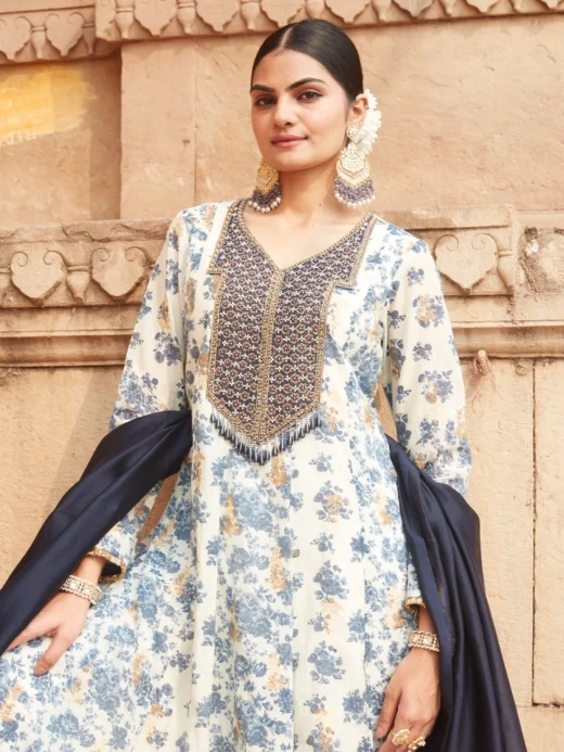 Pure Chanderi & Art Raw Silk Pearl Hand Embroidery Kalidaar Set