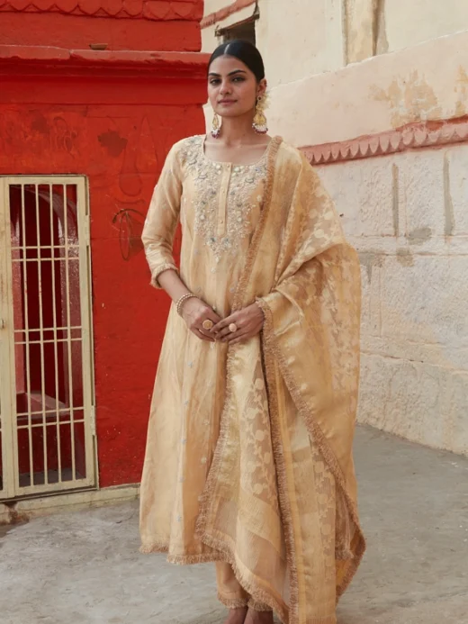 Gold Pure Tissue & Art Raw Silk Kalidaar Set