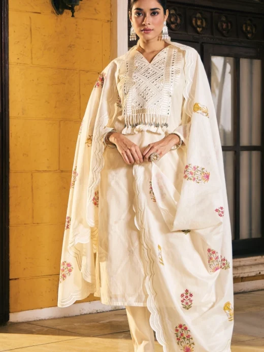 Pure Chanderi & Jamdani Straight Cut Salwar Set