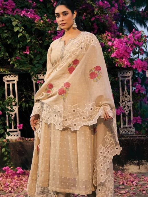 Beige Jamdani Kalidaar Set