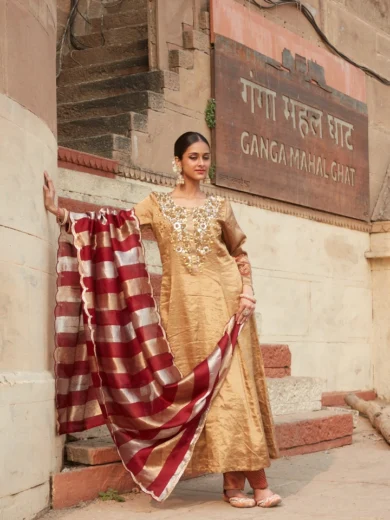 Gold Pure Tissue & Art Raw Silk Kalidaar Set - Image 3
