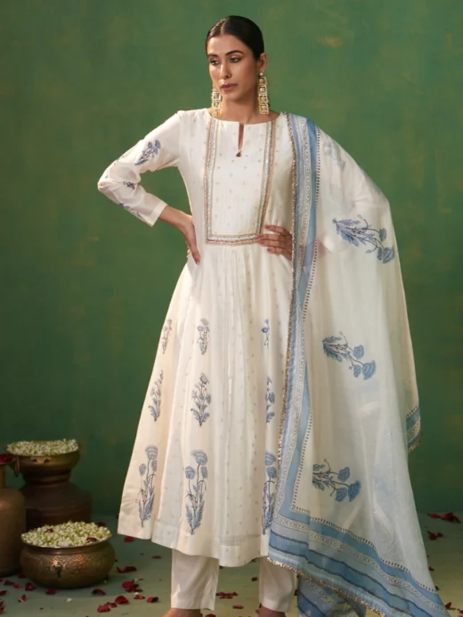 Plain & Polka Pure Zari Chanderi Kalidaar Set