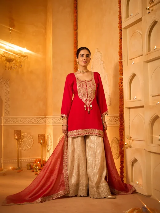 Red Embroidered Kurta Set with Golden Sharara