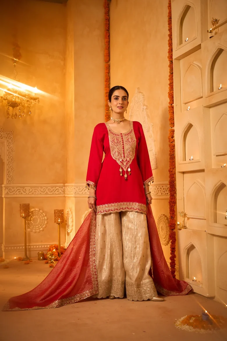 Red Embroidered Kurta Set with Golden Sharara