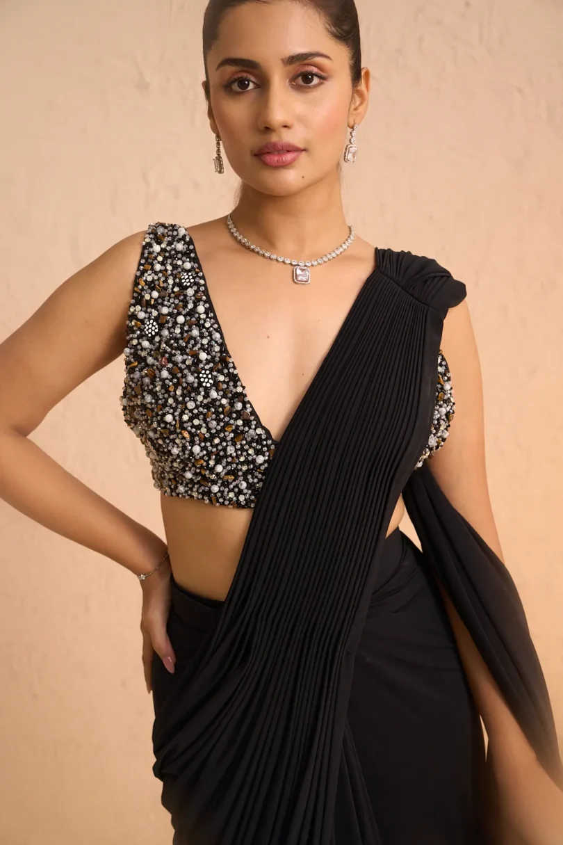 Black Lycra Pre-Stitched Saree - Image 2