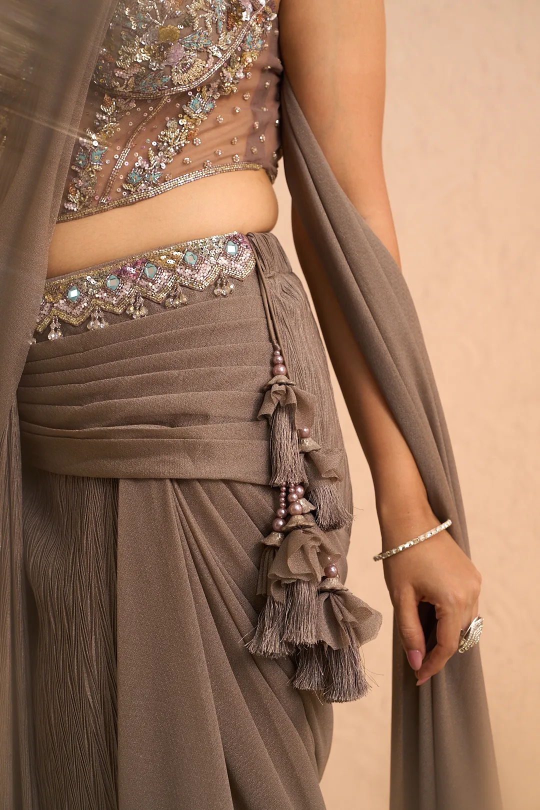 Silver Pre-Stitched Saree with Embroidered Corset Blouse - Image 5