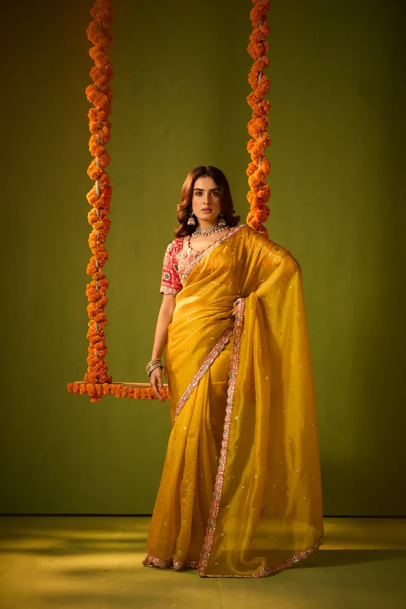 Mustard Organza Saree - Image 3