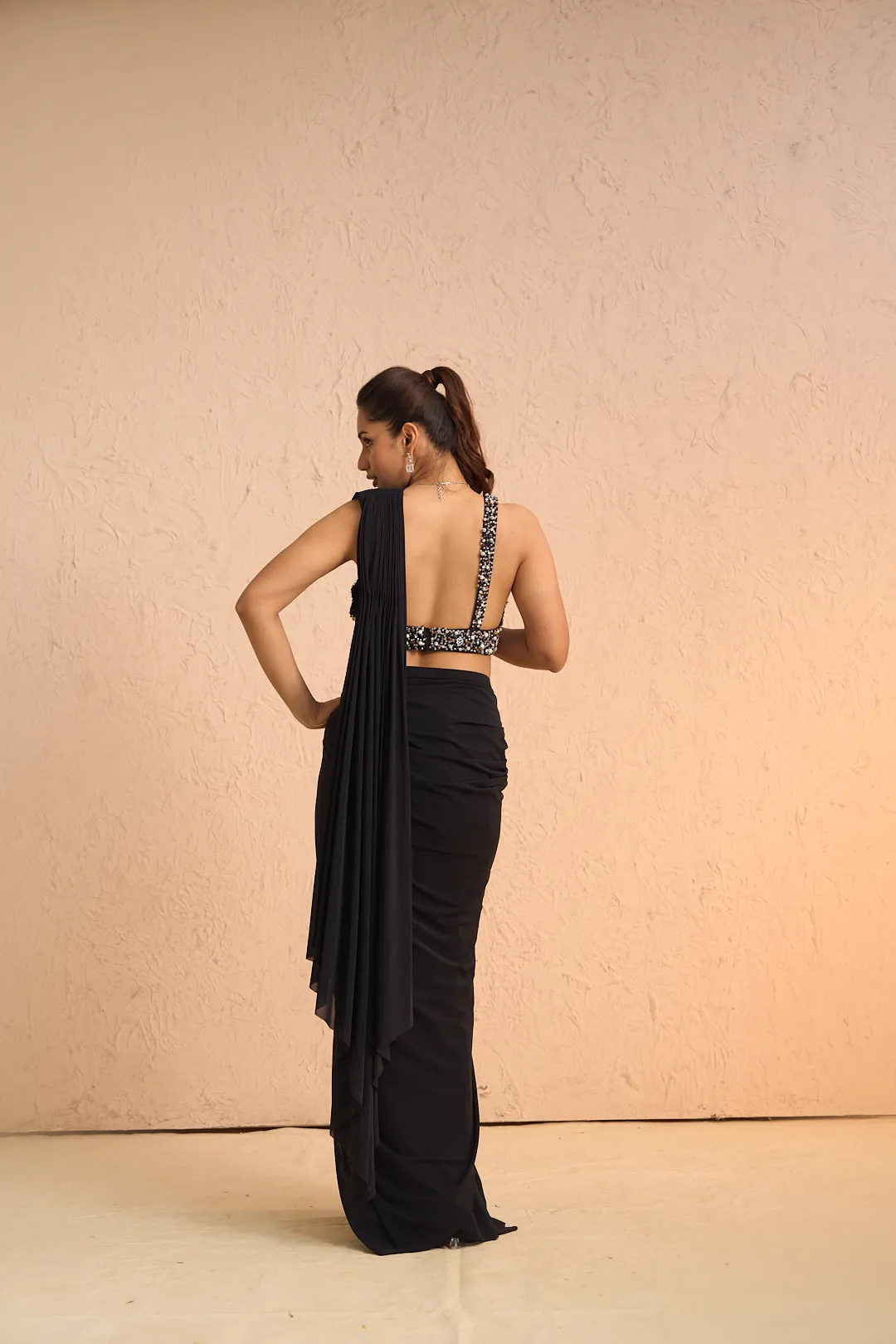 Black Lycra Pre-Stitched Saree - Image 5