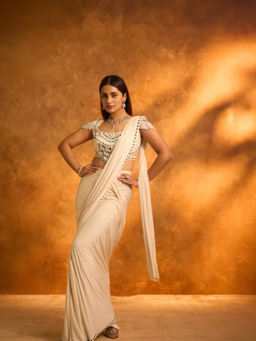 White Lycra Pre-Stitched Saree