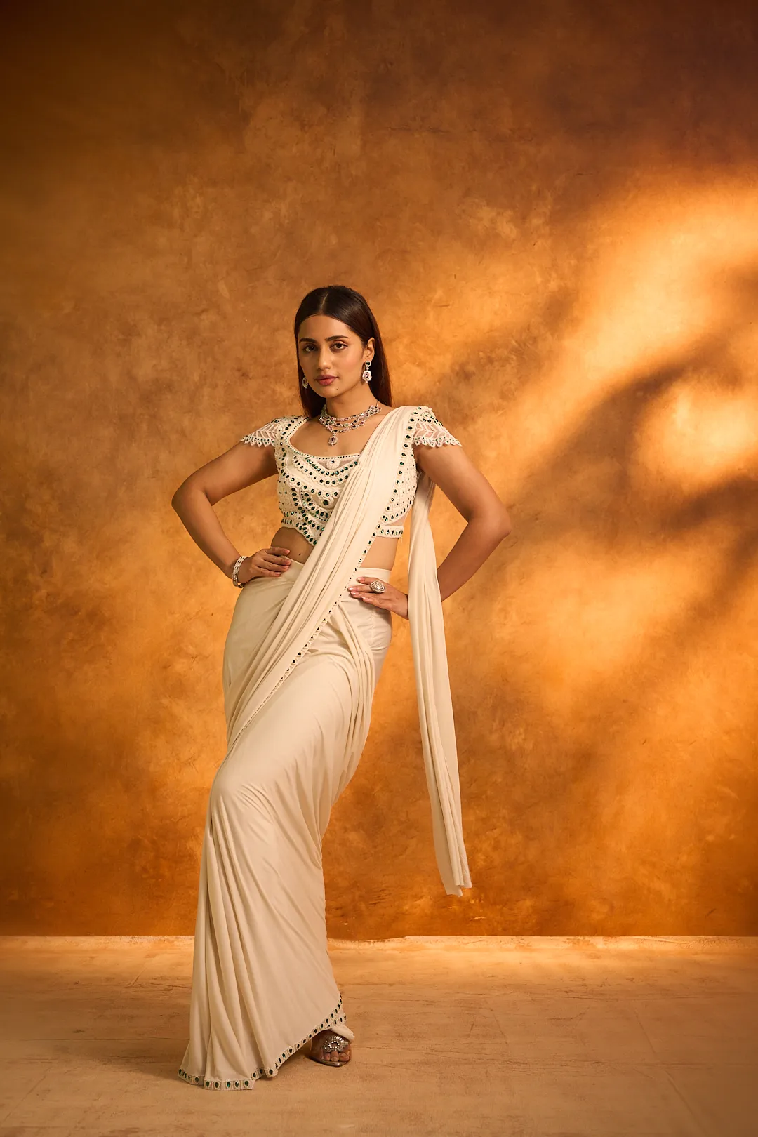 White Lycra Pre-Stitched Saree