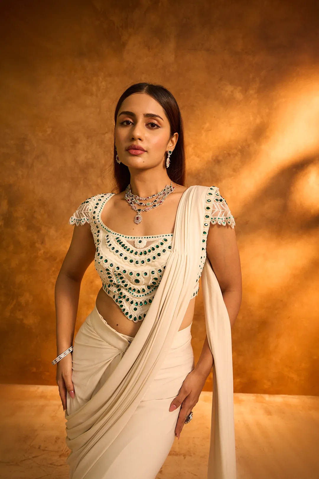 White Lycra Pre-Stitched Saree - Image 3