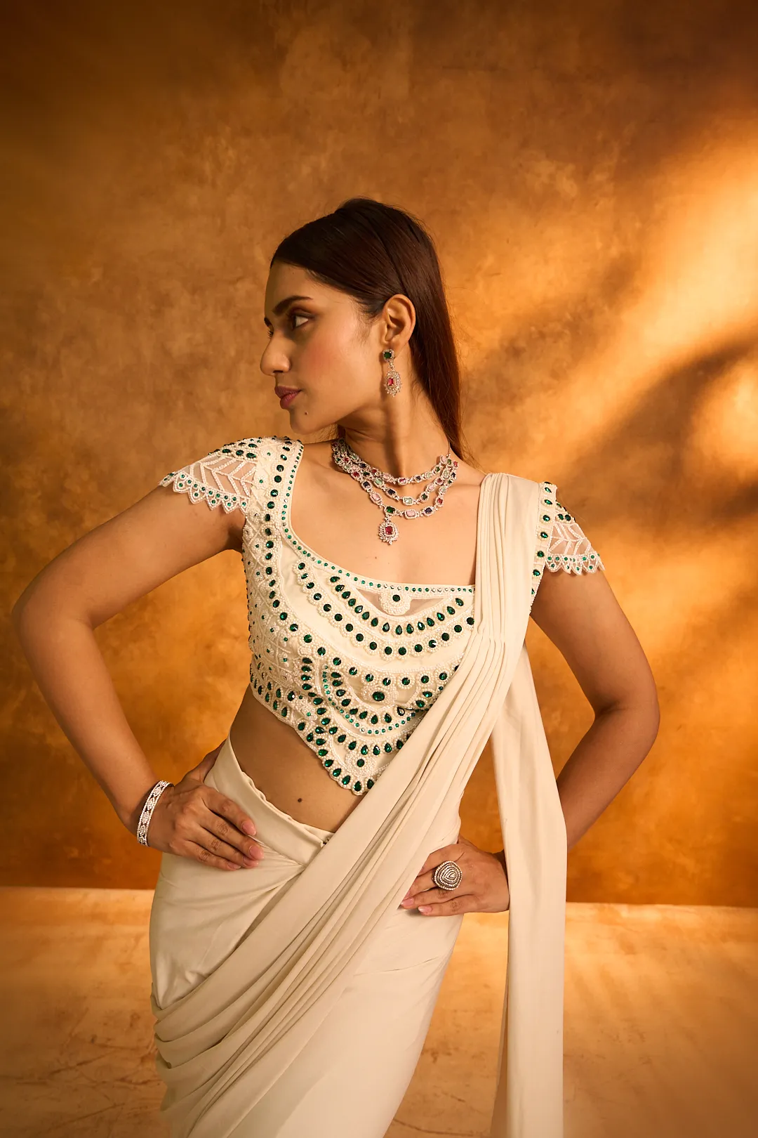 White Lycra Pre-Stitched Saree - Image 5