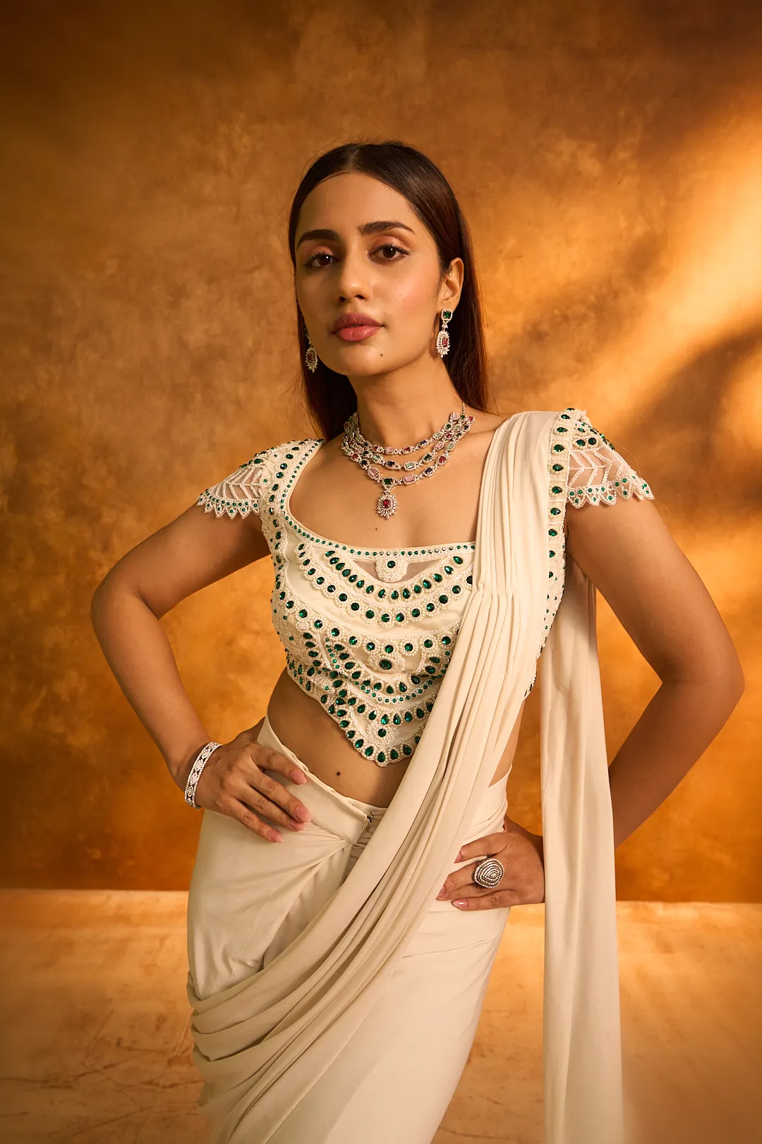 White Lycra Pre-Stitched Saree - Image 6