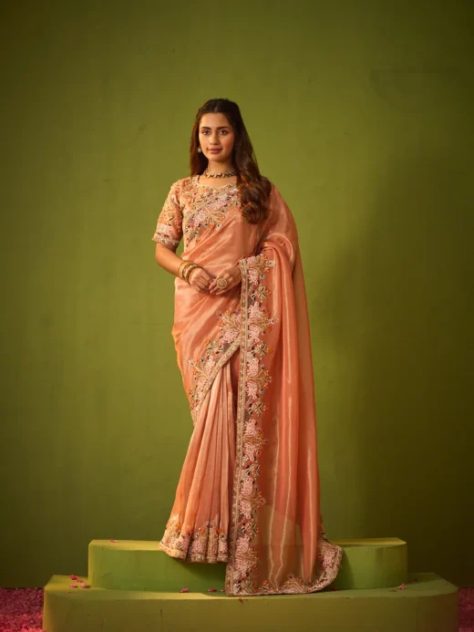 Peach Organza Saree with Zari and Thread Embroidery