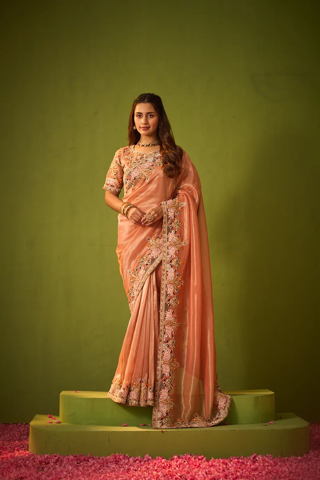 Peach Organza Saree with Zari and Thread Embroidery