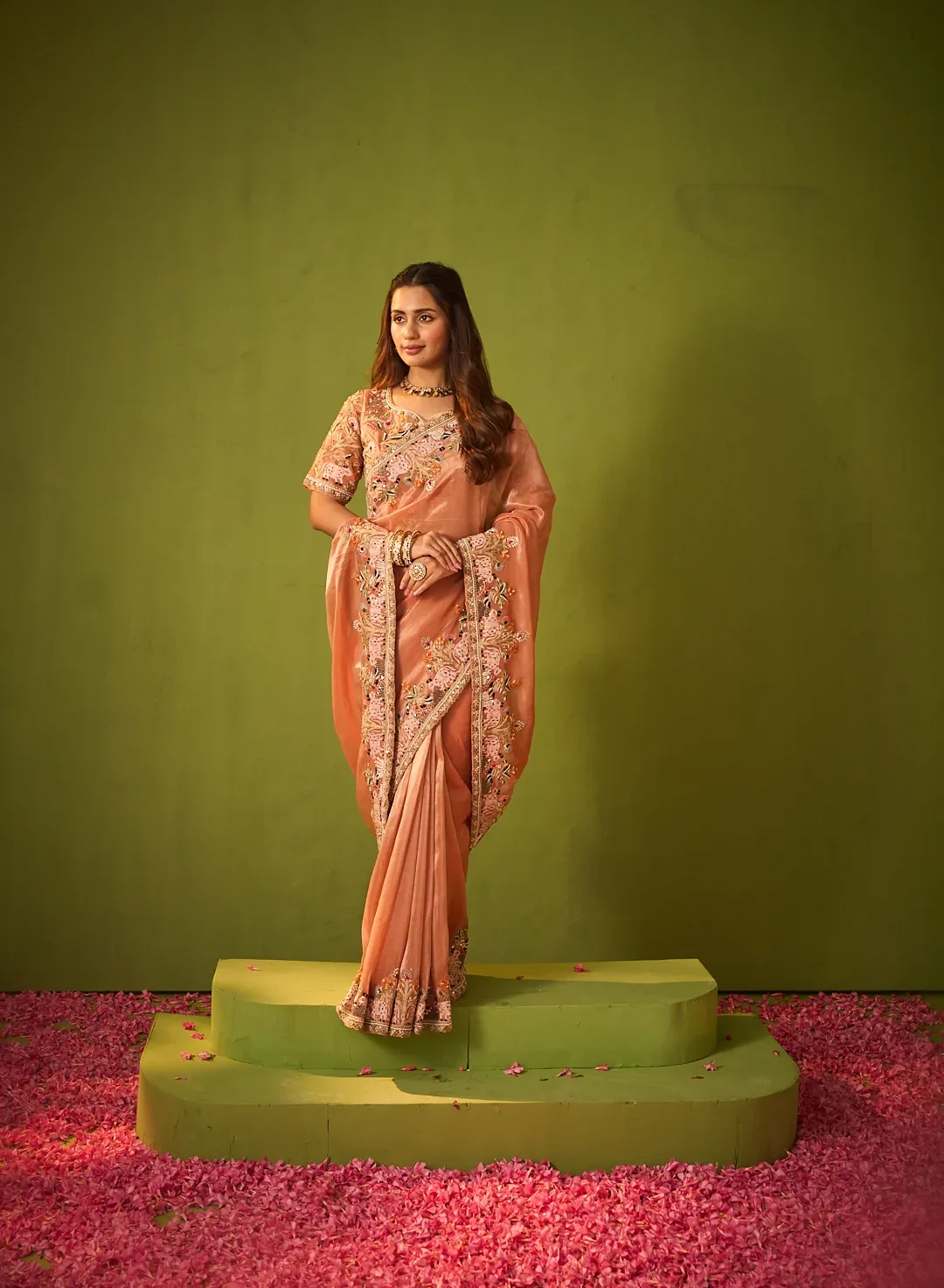Peach Organza Saree with Zari and Thread Embroidery - Image 5