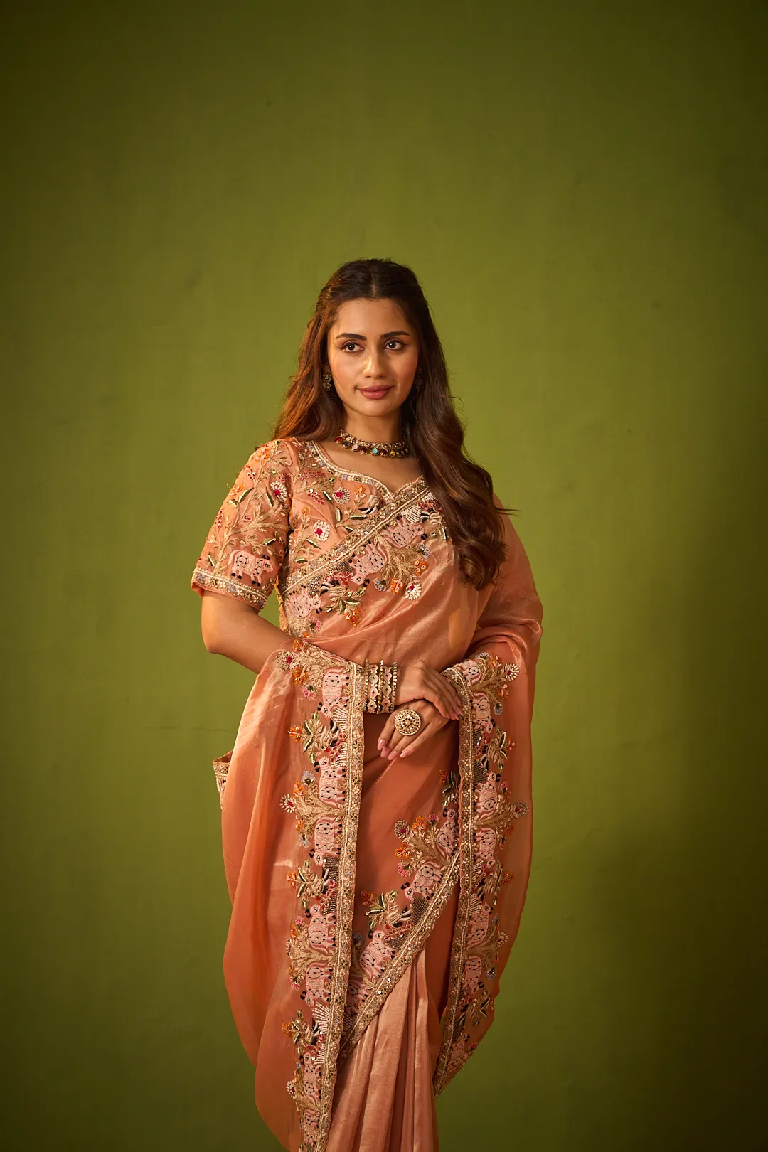 Peach Organza Saree with Zari and Thread Embroidery - Image 2