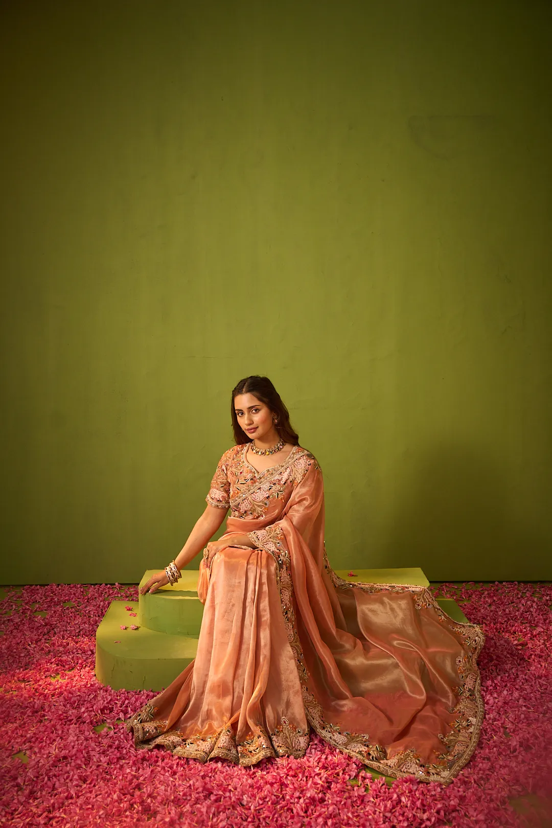 Peach Organza Saree with Zari and Thread Embroidery - Image 3