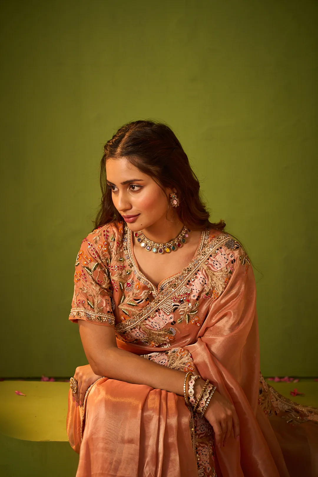 Peach Organza Saree with Zari and Thread Embroidery - Image 4