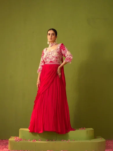 Hot Pink Gown with Pearl Embroidery