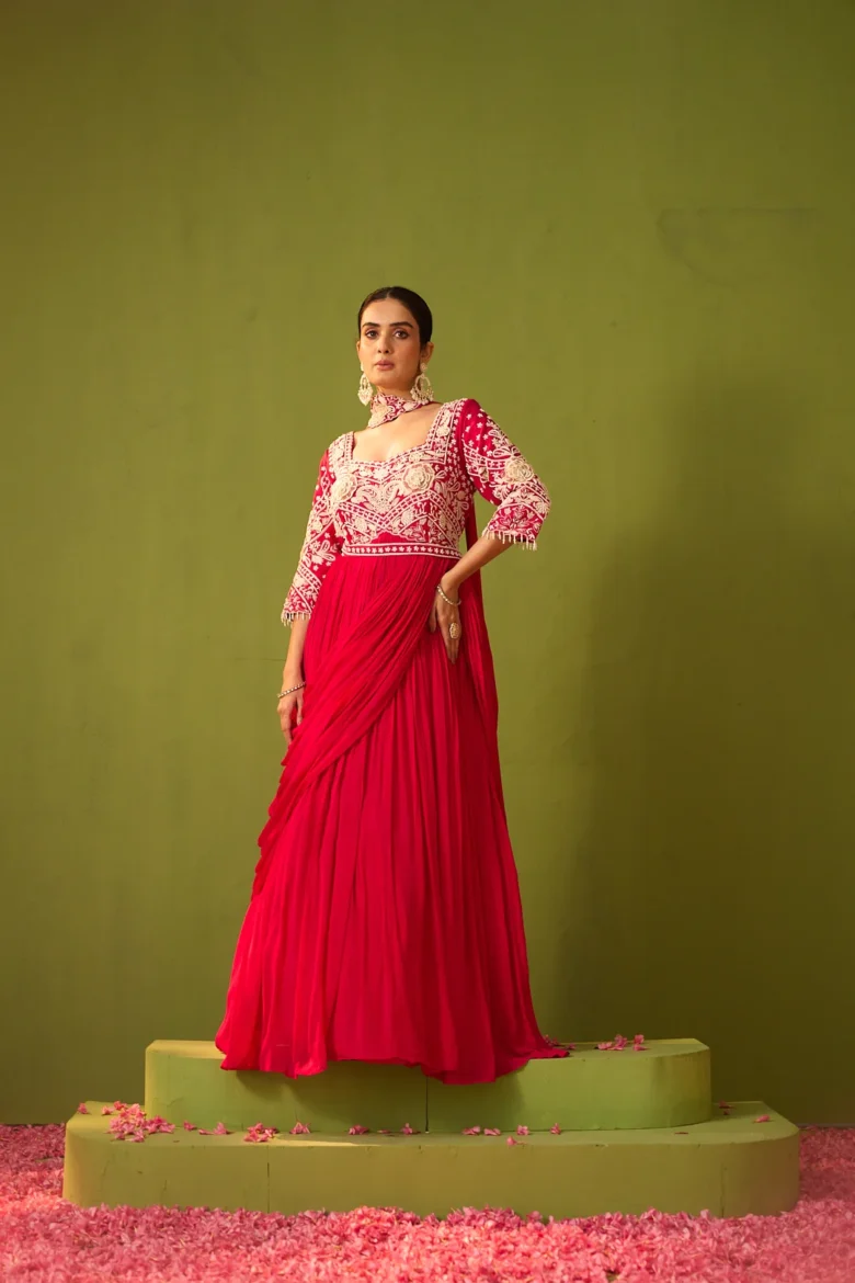 Hot Pink Gown with Pearl Embroidery