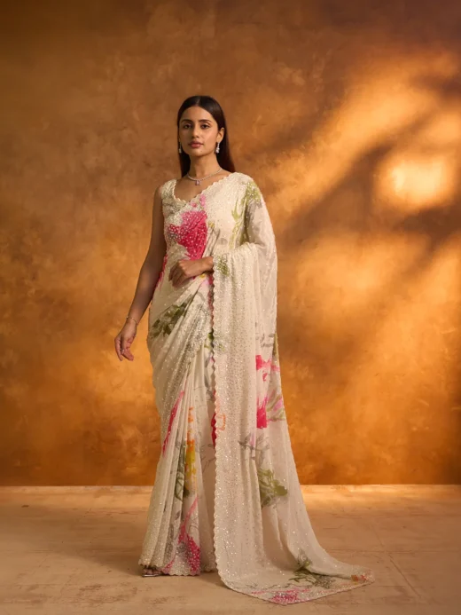 White Chiffon Printed Saree with Sequins