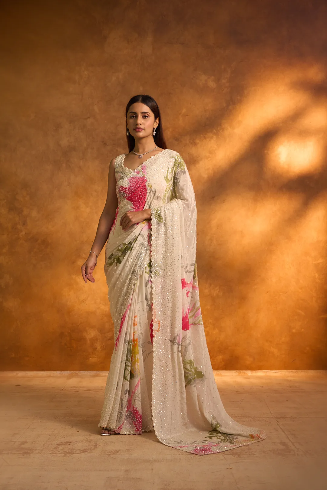 White Chiffon Printed Saree with Sequins