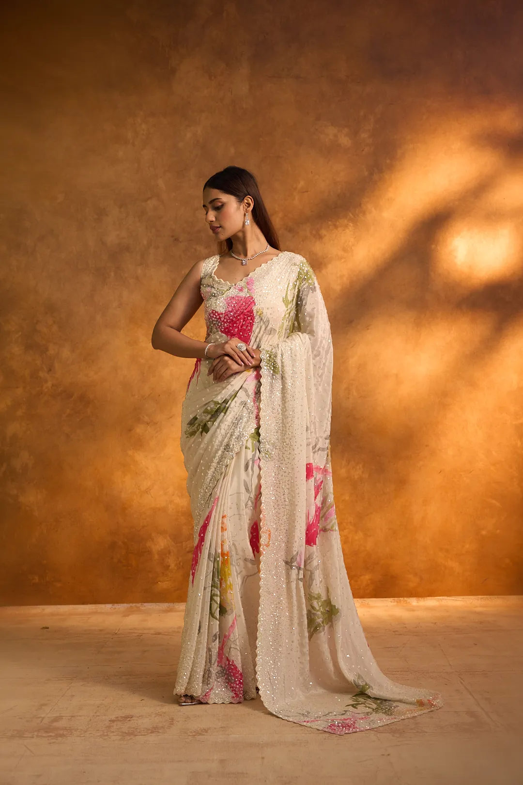 White Chiffon Printed Saree with Sequins - Image 2