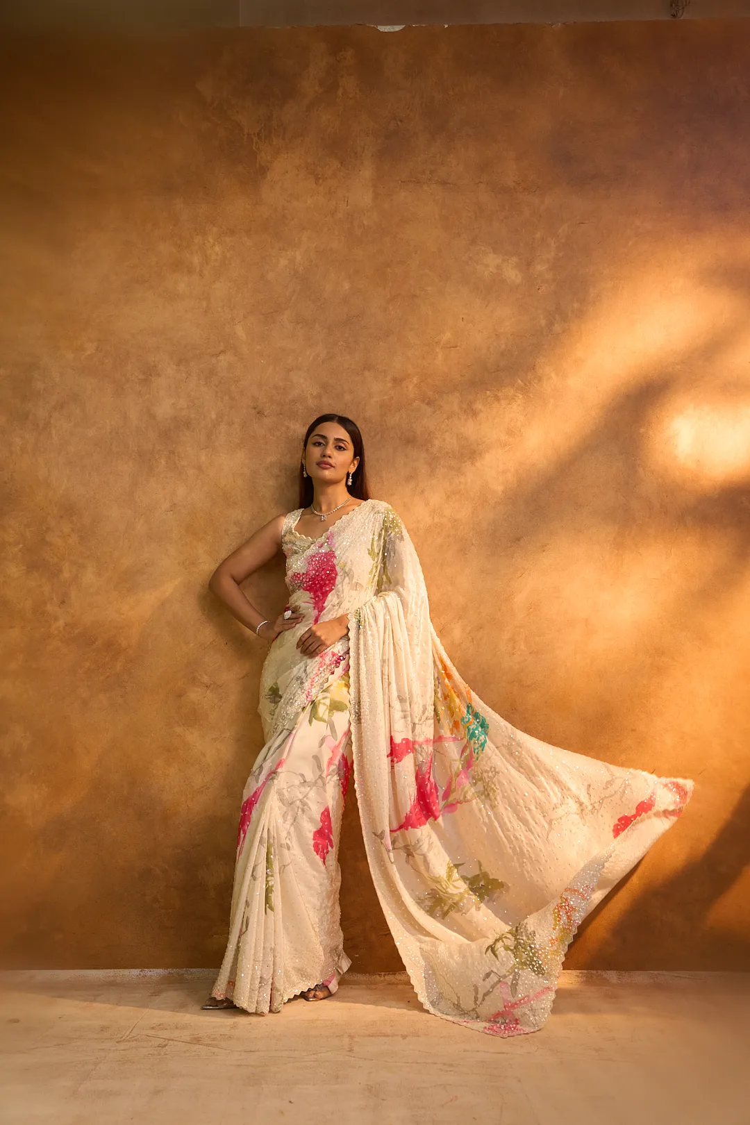 White Chiffon Printed Saree with Sequins - Image 3