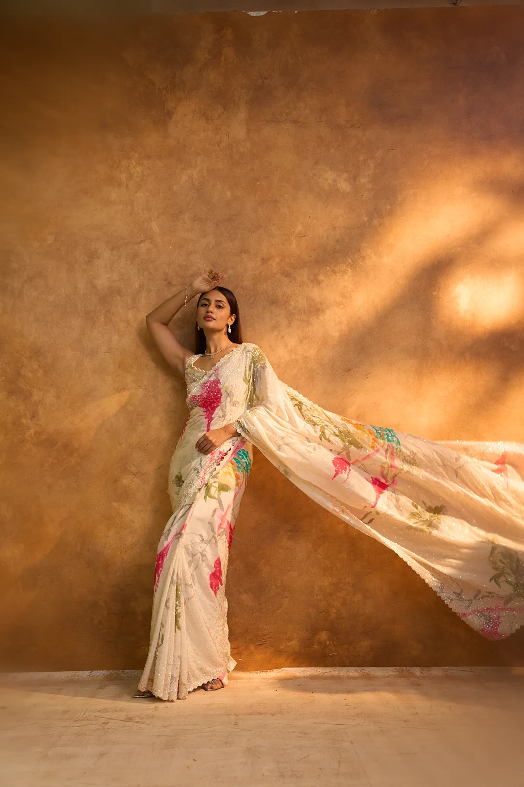 White Chiffon Printed Saree with Sequins - Image 4