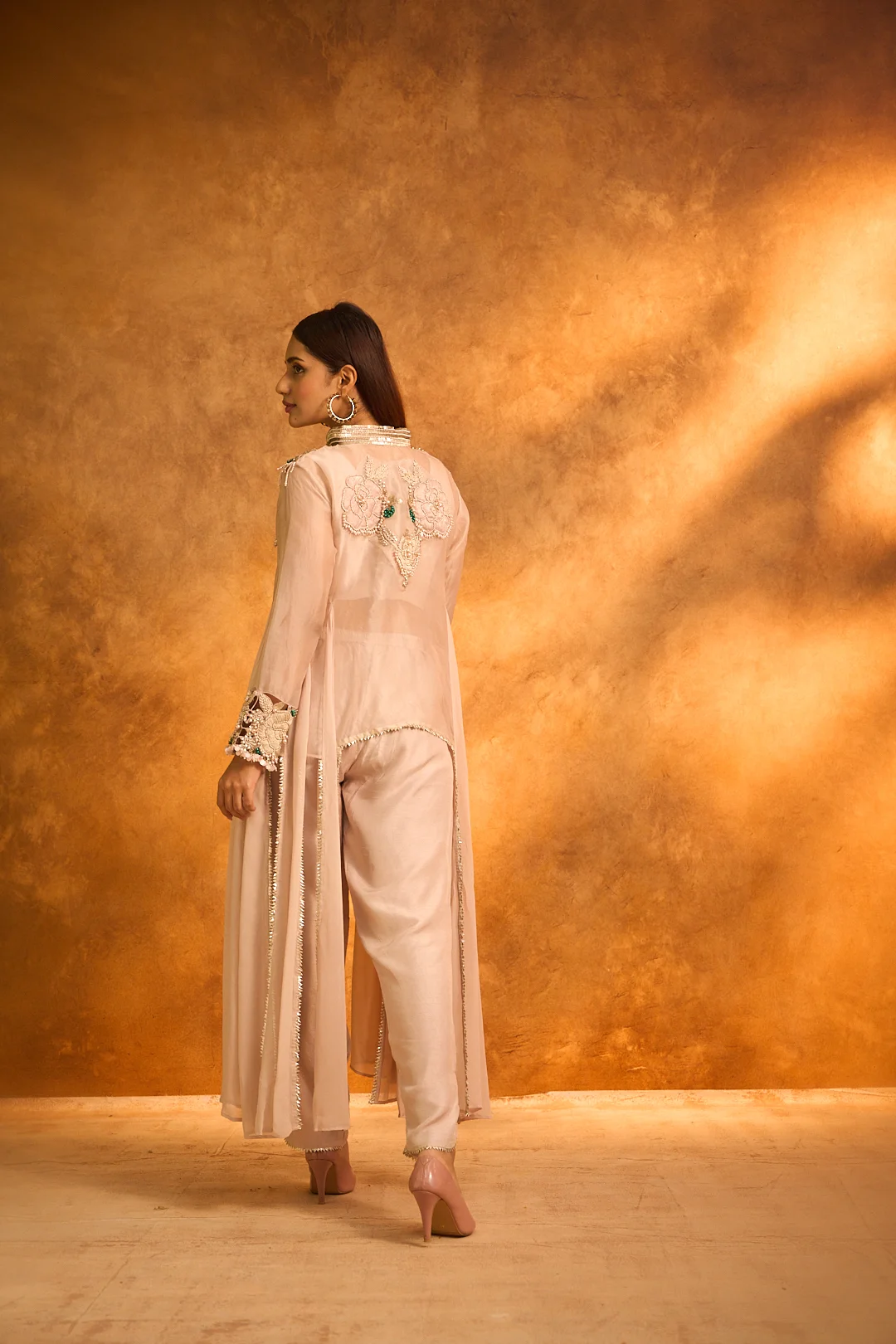 Beige Organza Embroidered Coord Set - Image 2