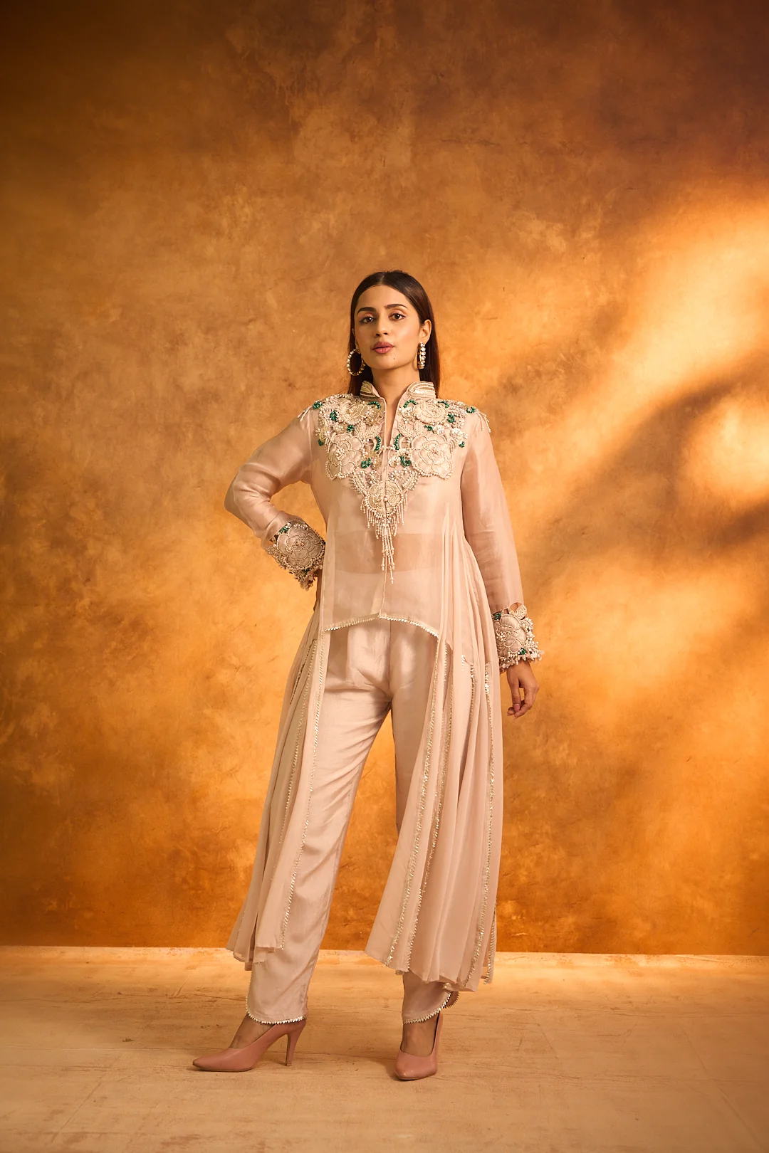Beige Organza Embroidered Coord Set - Image 3