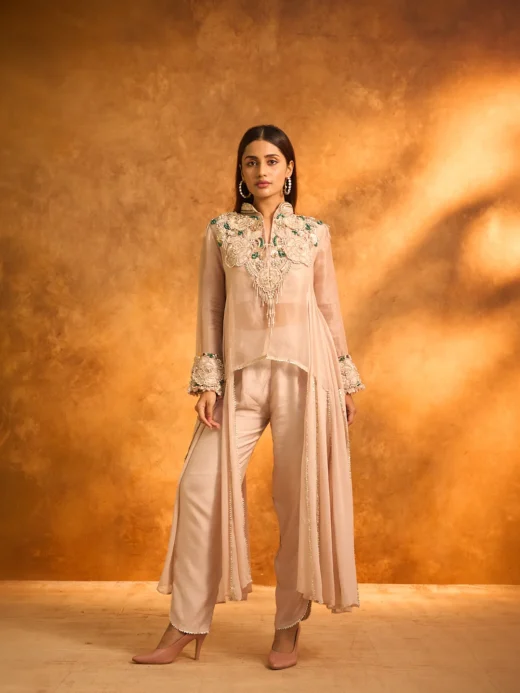 Beige Organza Embroidered Coord Set