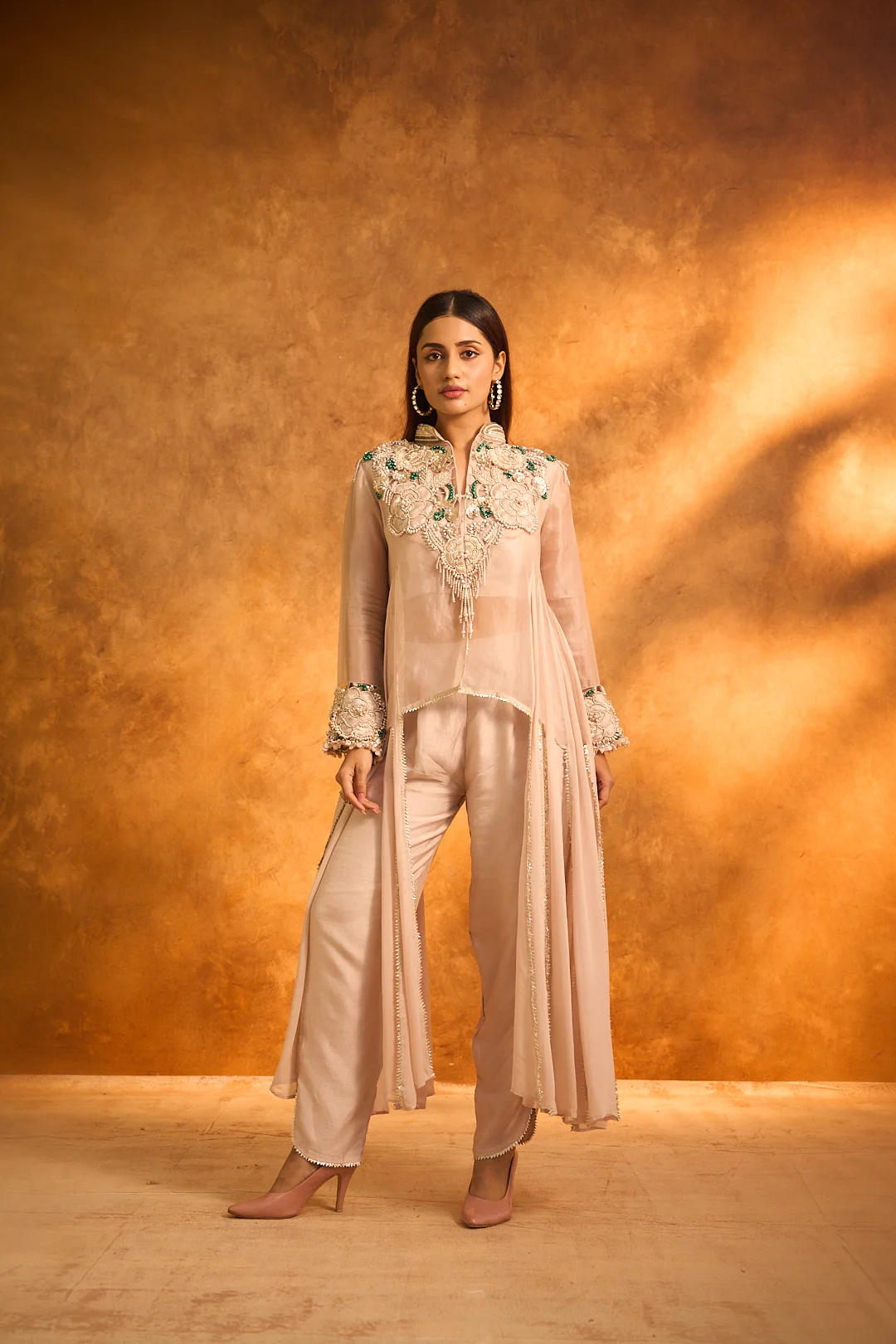 Beige Organza Embroidered Coord Set