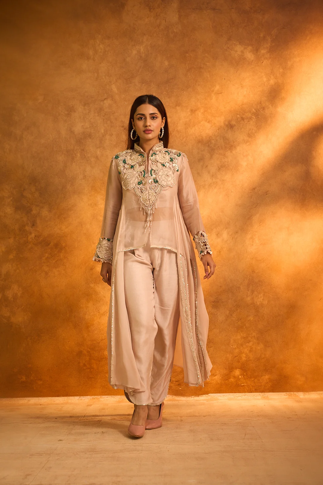 Beige Organza Embroidered Coord Set - Image 4