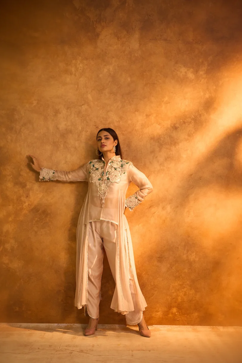 Beige Organza Embroidered Coord Set - Image 5