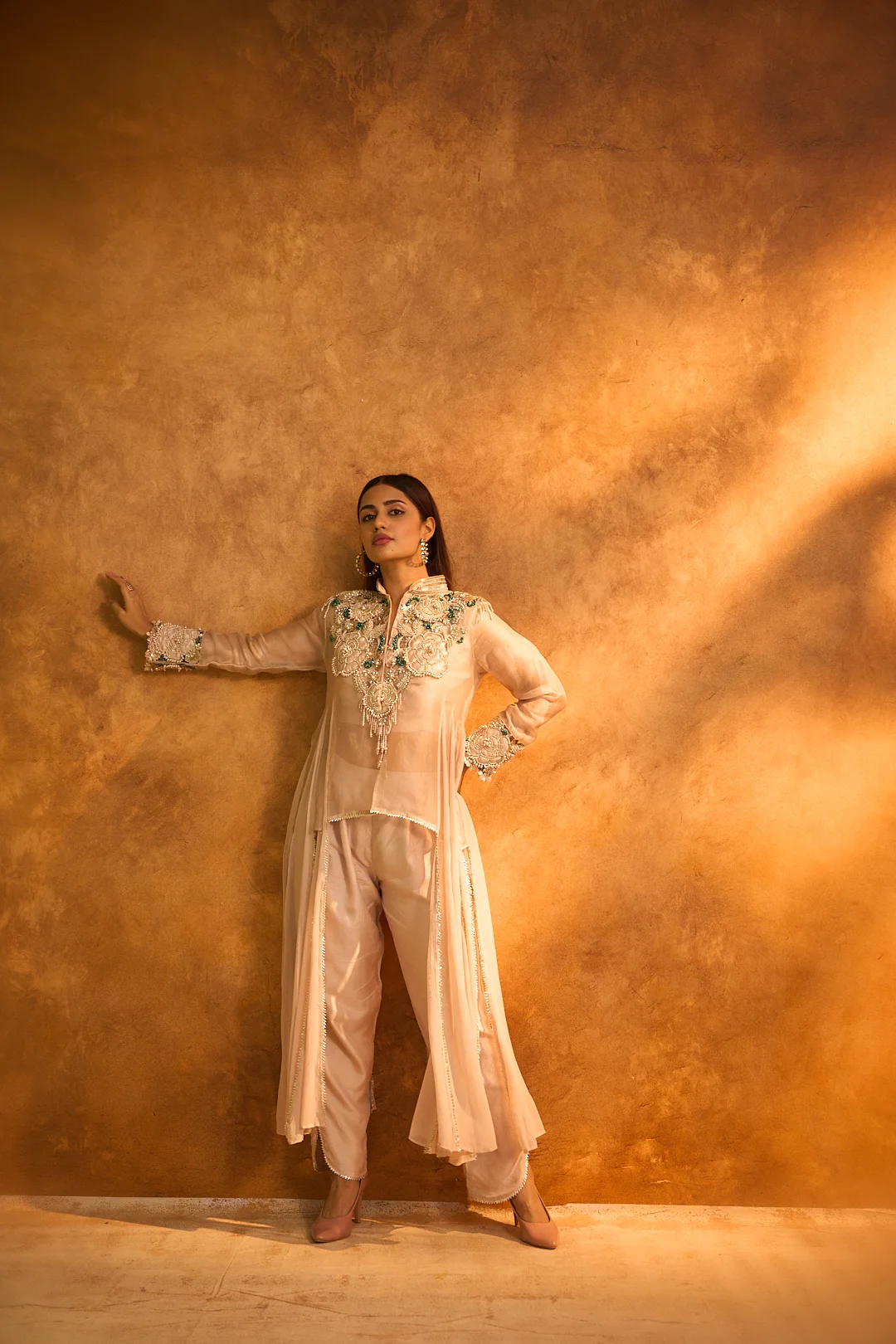 Beige Organza Embroidered Coord Set - Image 5
