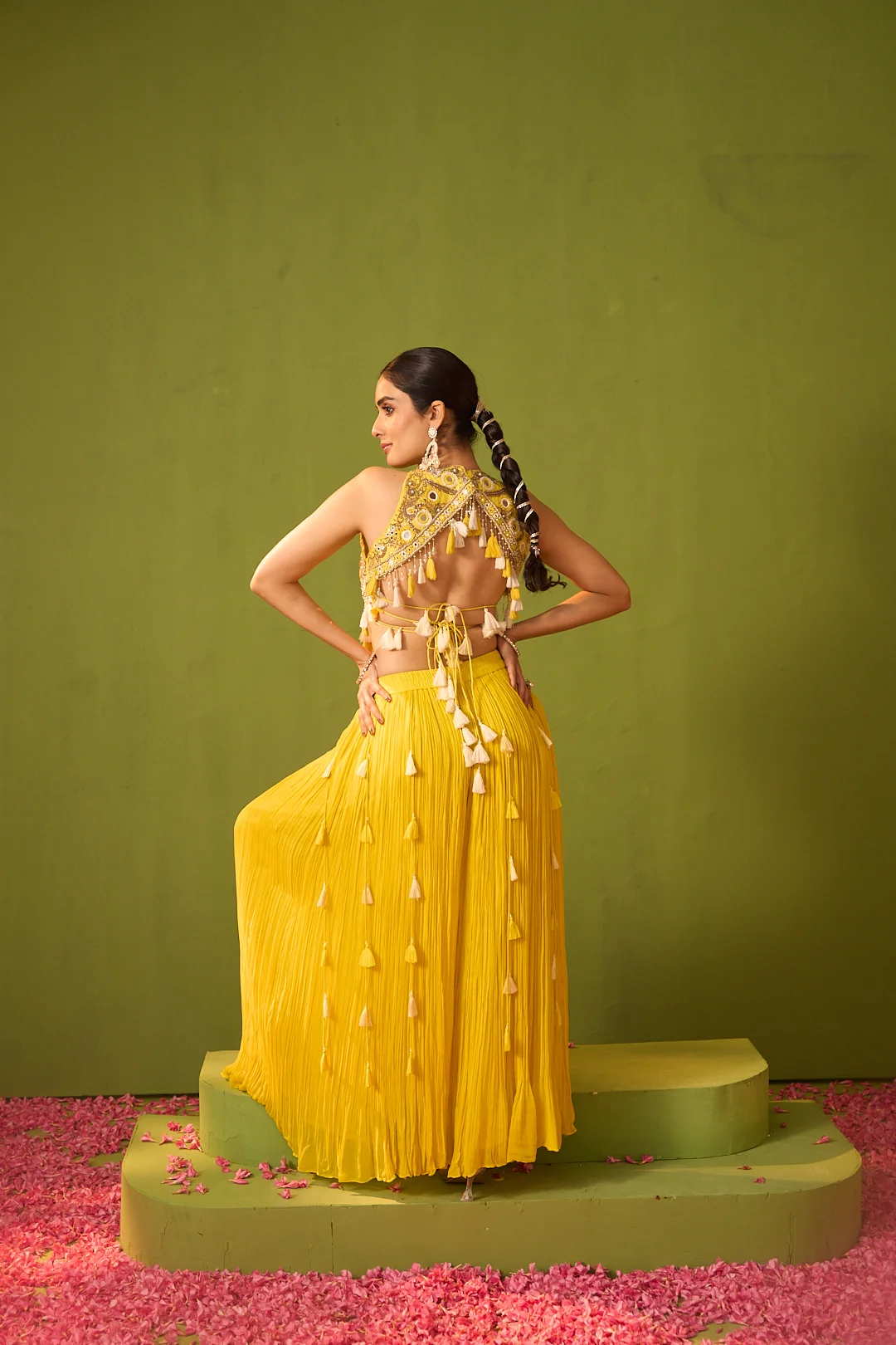 Yellow Embroidered Crop Top with Tassel-Detail Pants - Image 5