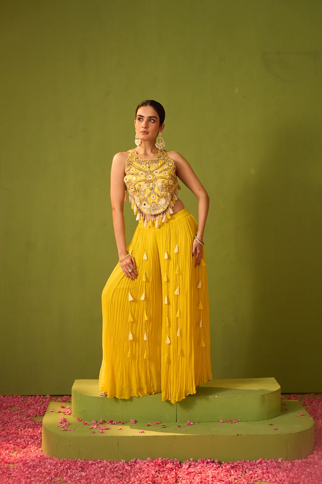 Yellow Embroidered Crop Top with Tassel-Detail Pants - Image 4