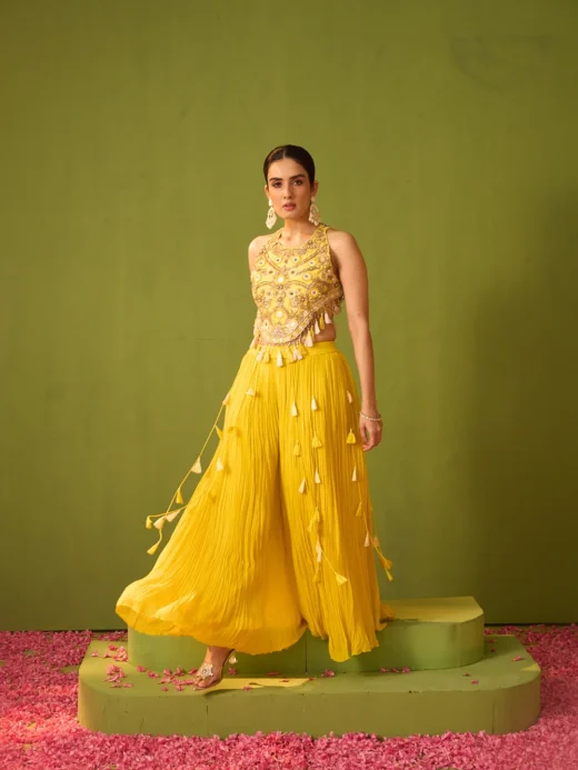 Yellow Embroidered Crop Top with Tassel-Detail Pants