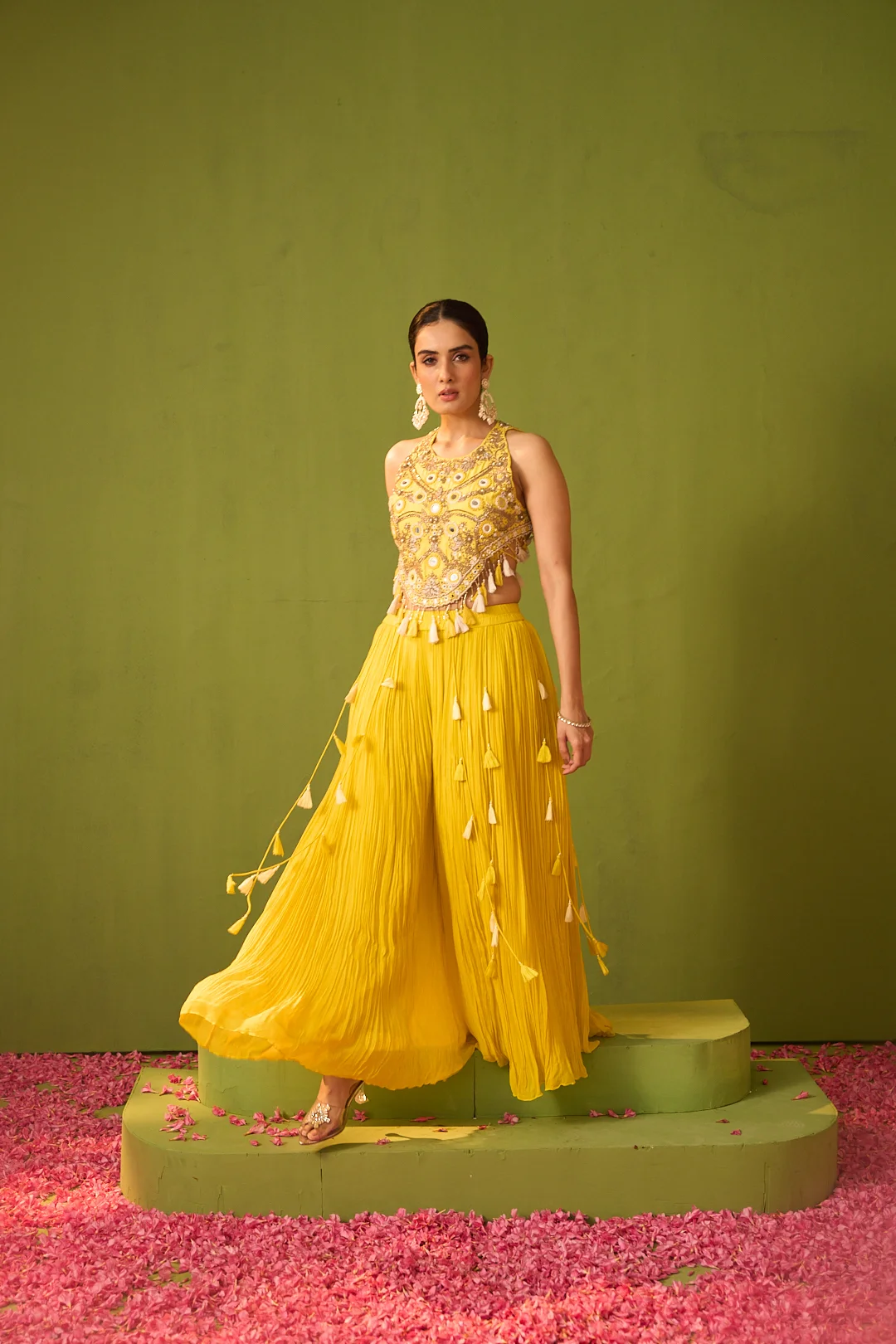 Yellow Embroidered Crop Top with Tassel-Detail Pants