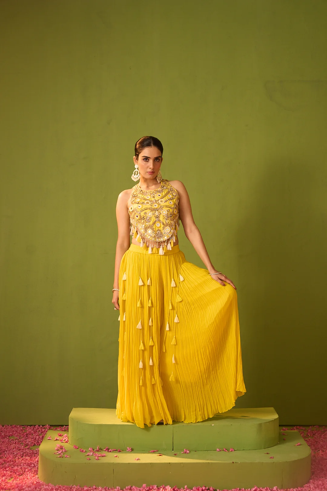 Yellow Embroidered Crop Top with Tassel-Detail Pants - Image 2