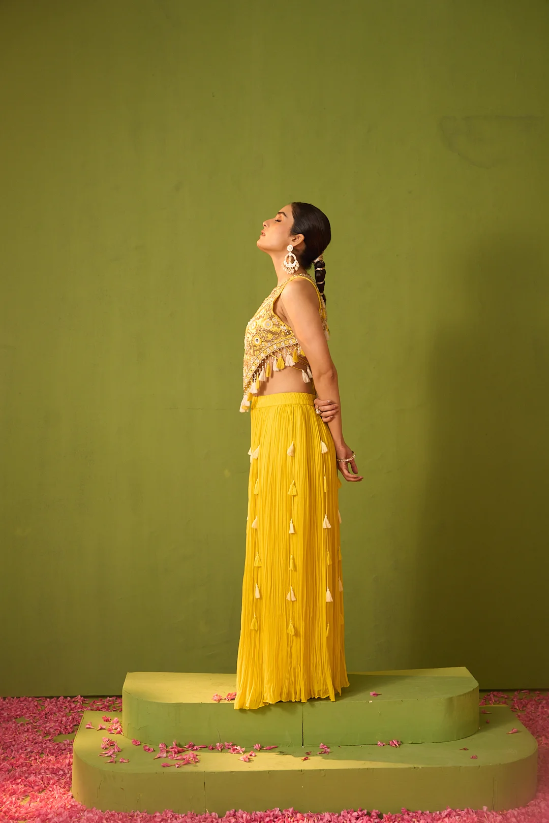 Yellow Embroidered Crop Top with Tassel-Detail Pants - Image 3