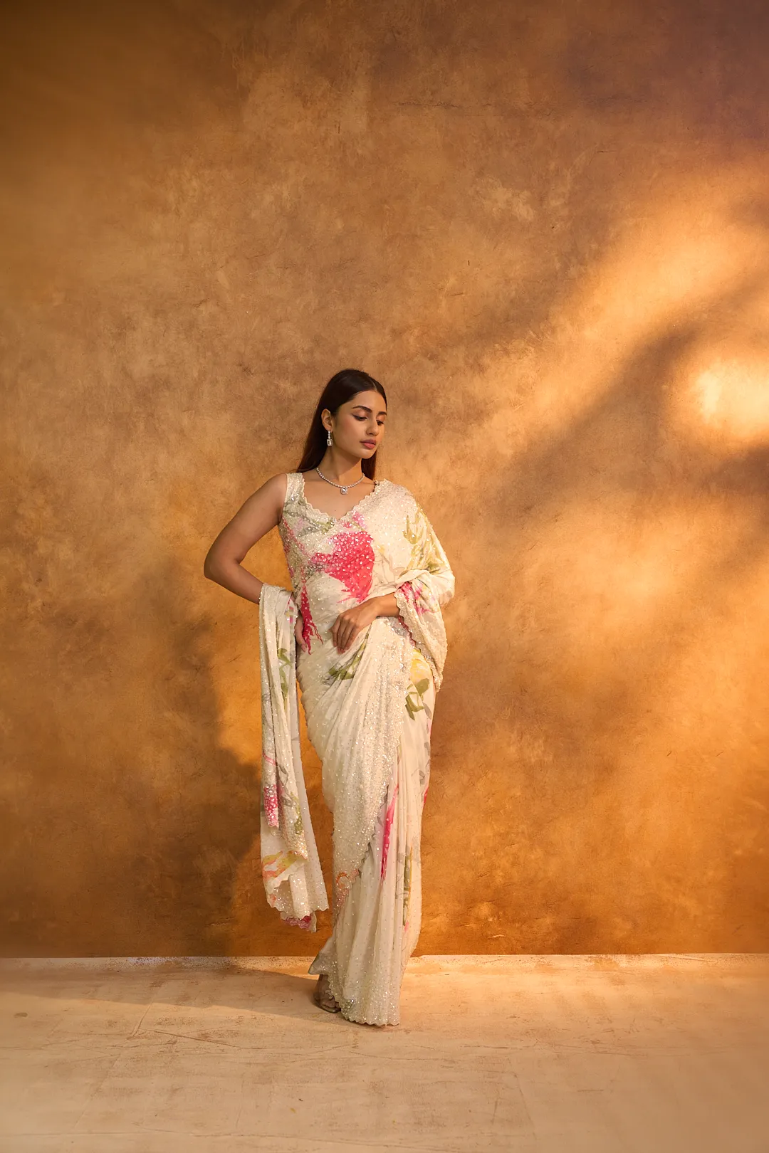 White Chiffon Printed Saree with Sequins - Image 6