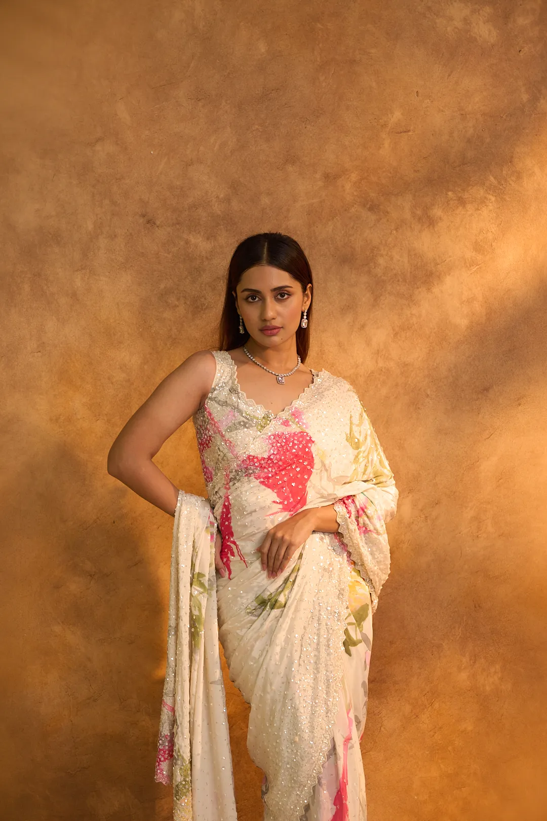 White Chiffon Printed Saree with Sequins - Image 5