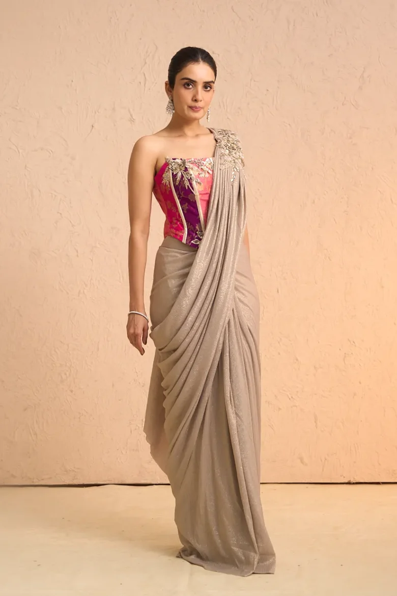 Silver Lycra Saree with Colourful Corset