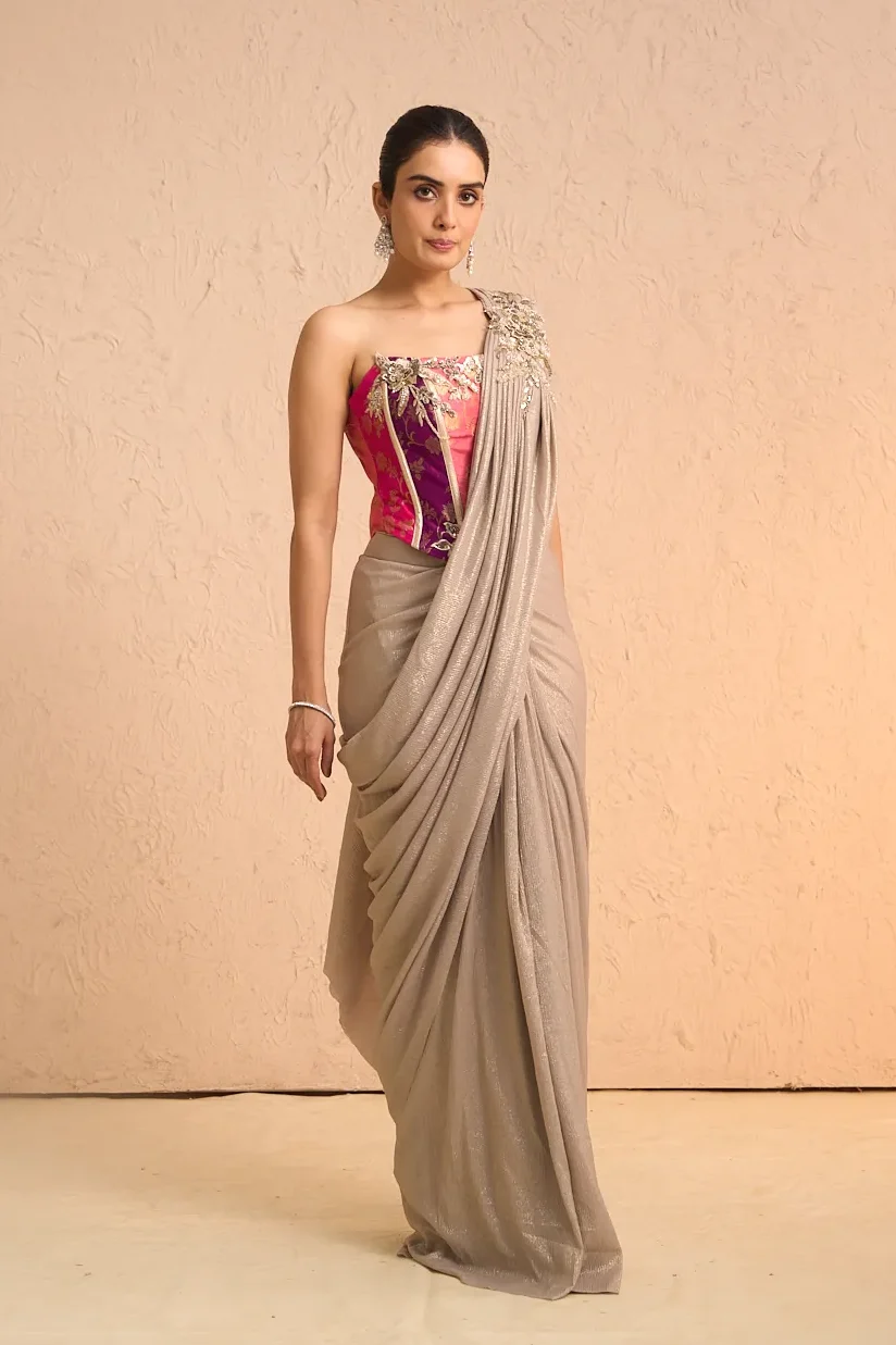 Silver Lycra Saree with Colourful Corset