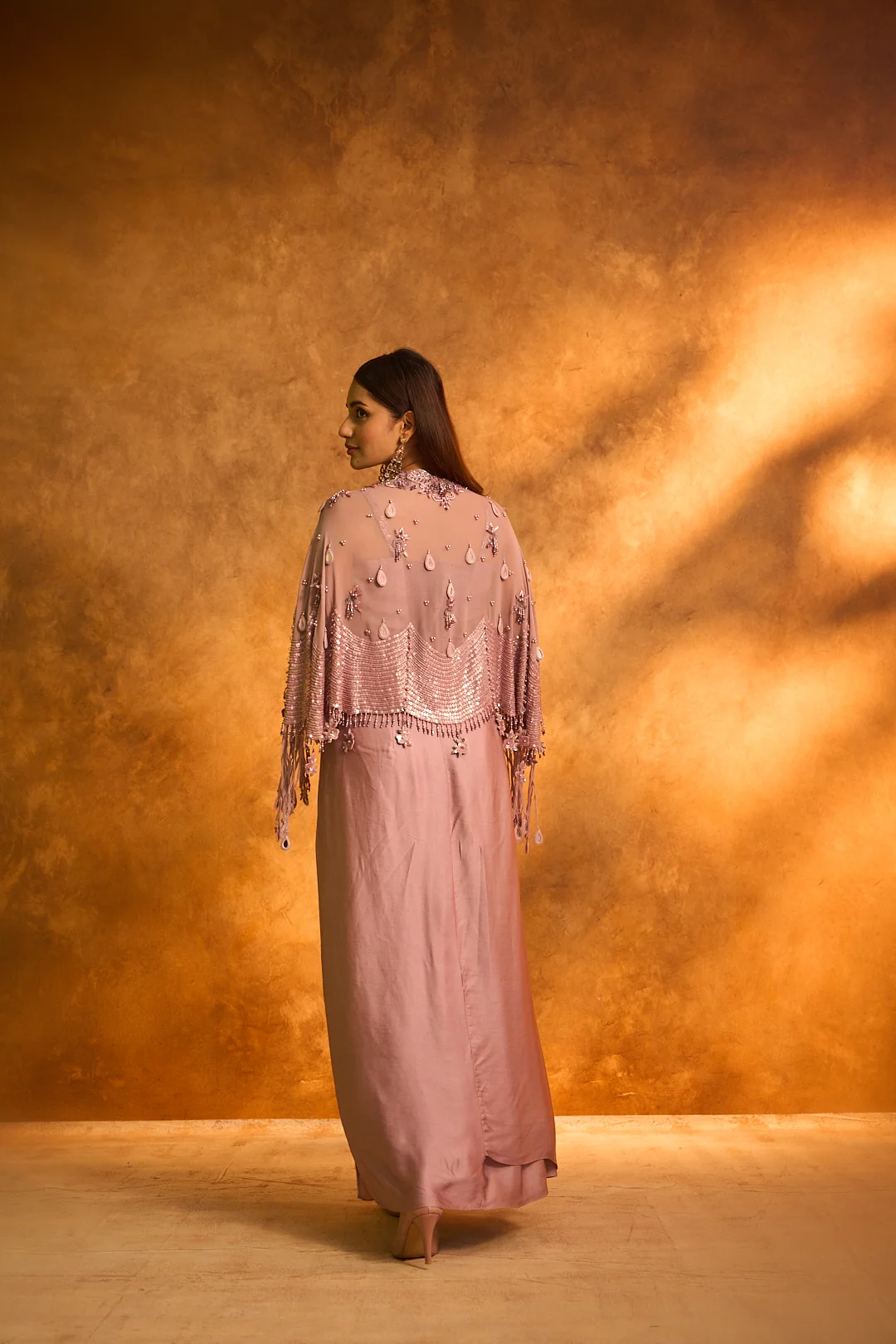 Onion Embroidered Dhoti Set with Beaded Cape - Image 4
