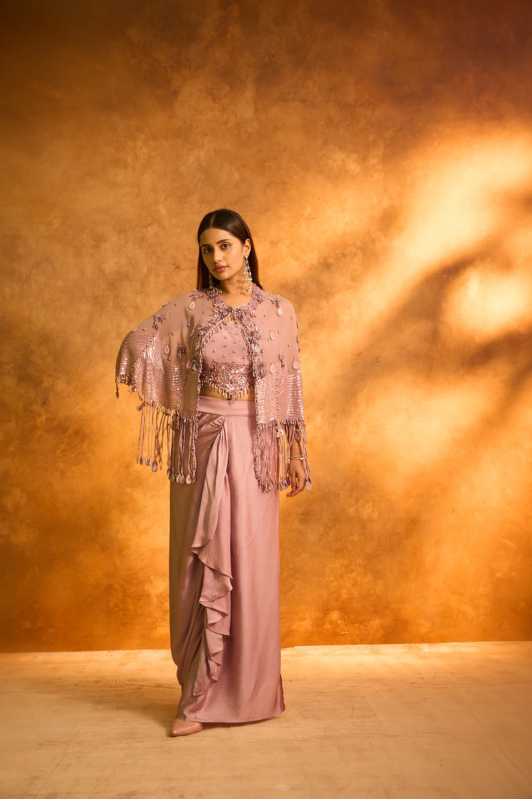 Onion Embroidered Dhoti Set with Beaded Cape - Image 3